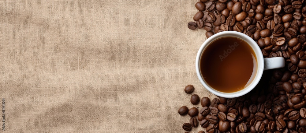 Poster top view of a white coffee cup filled with dark coffee placed on beige linen cloth surrounded by roa