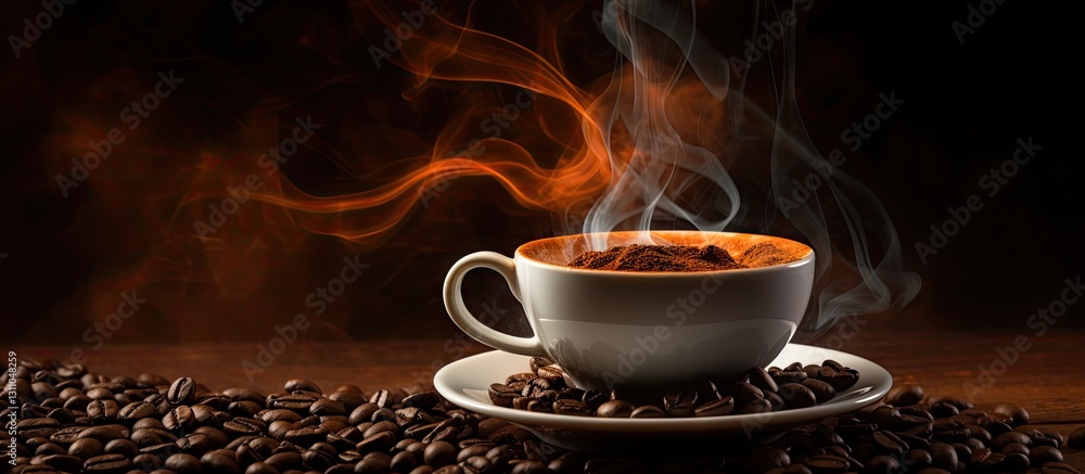 Poster Rich espresso steaming in a white cup positioned on a saucer with dark roasted coffee beans surrounding it and warm orange and brown background.