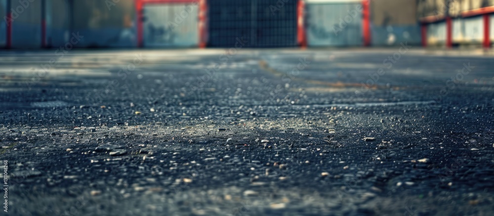 Poster Wet asphalt surface reflecting sunlight in urban setting with blurred background featuring gray walls and red gates creating ample copy space.