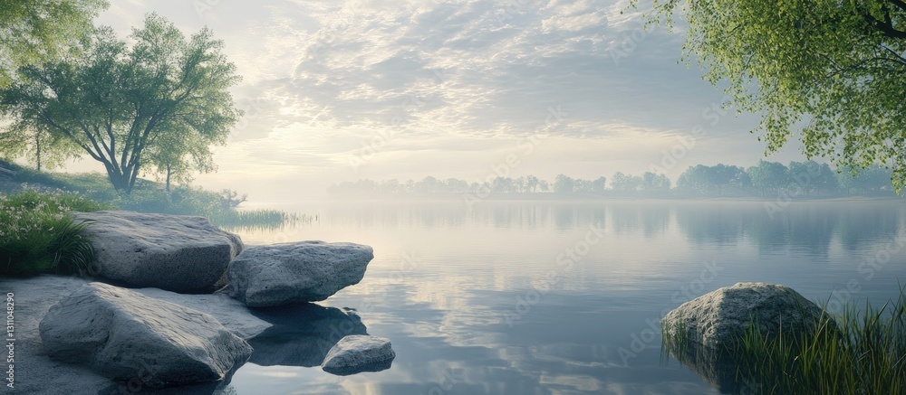 Aufkleber serene lakeside meditation scene with calm waters reflecting lush green trees and soft clouds under 