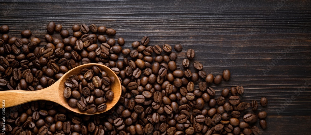 Poster top view of a wooden spoon filled with dark roasted coffee beans on a rustic wooden table background
