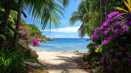 Fototapeta premium beach with lush green palm trees and stunning purple flowers