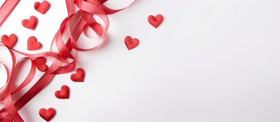 Red heart-shaped ribbons elegantly arranged on a clean white background with playful small red hearts scattered, ideal for Valentine's Day themes.