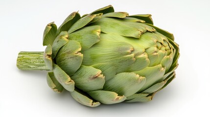 Fototapeta premium A single fresh artichoke with several thin slices fanned out, highlighting texture and detail.
