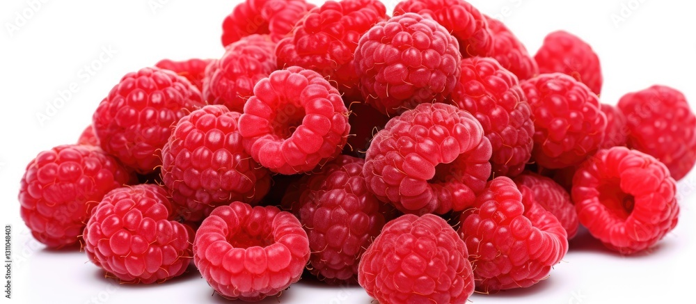 Poster Fresh red raspberries scattered on a white background with ample negative space for text placement, creating a vibrant and appetizing layout.