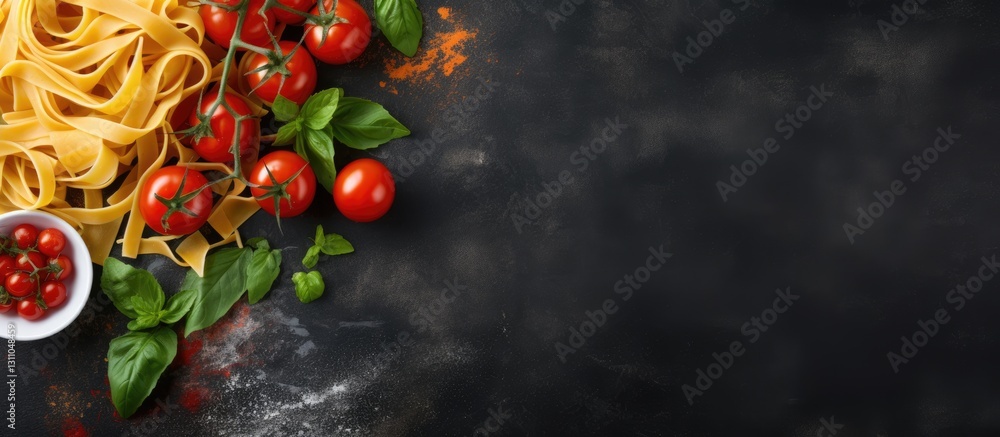 Poster fresh pasta with ripe cherry tomatoes and basil on a dark rustic background with a small bowl of dic