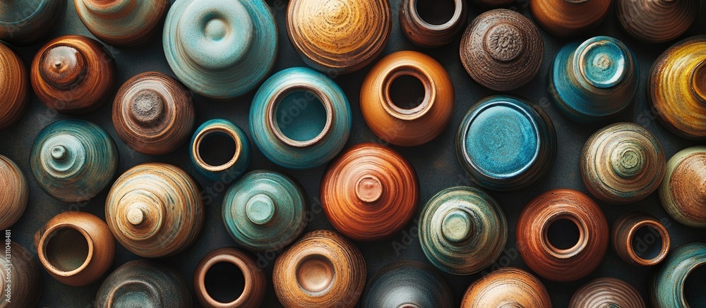 Aufkleber colorful handcrafted pottery jars arranged in a top view composition showcasing earthy tones of brow