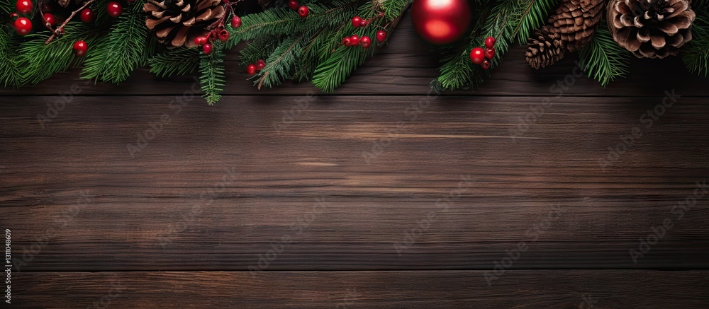 Poster christmas themed top down view featuring green fir branches red decorations and pine cones on a wood