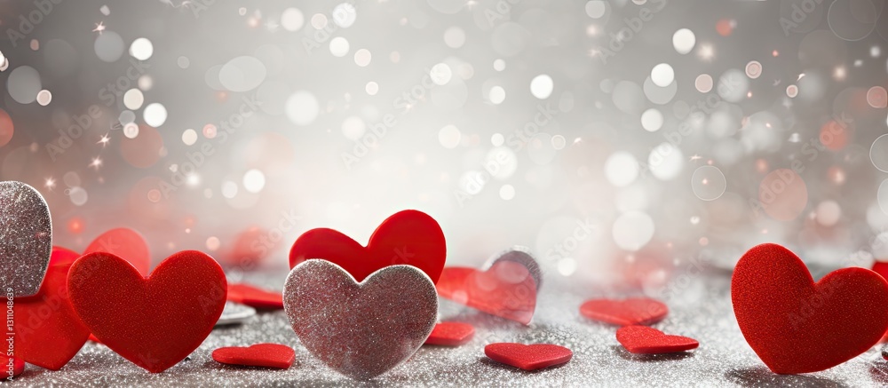 Poster Valentine's Day scene featuring scattered red heart shapes on a shimmering silver glitter background with bokeh lights and ample copy space.