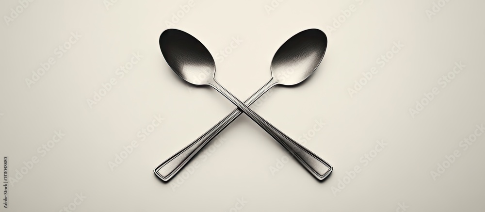 Poster crossed stainless steel spoons positioned diagonally on a soft beige background with subtle reflecti