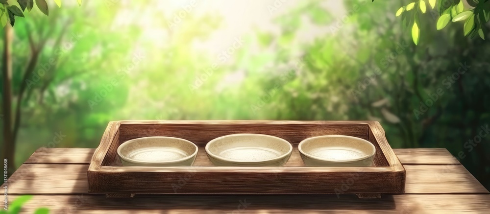Poster wooden tray with three empty ceramic bowls placed on a rustic wooden table surrounded by lush green 