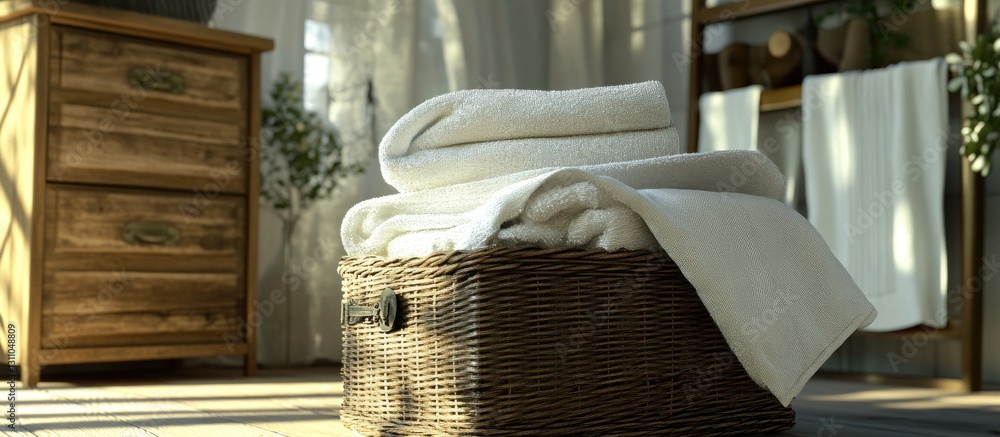 Aufkleber soft and clean folded towels in a wicker basket positioned in a serene, sunlit room with wooden furn
