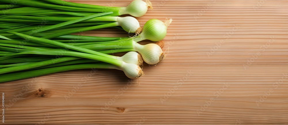 Poster Fresh green onions arranged diagonally on a rustic wooden table with ample negative space on the left for text and branding, vibrant greens and browns.