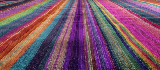 Vibrant Guatemalan fabric featuring an array of colorful horizontal stripes in purple, pink, orange and teal creating a lively design effect.