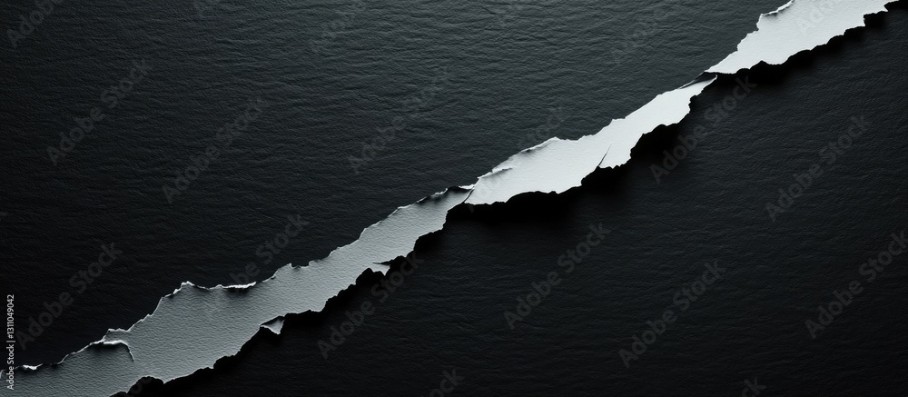 Fototapete abstract torn paper strips on a dark textured surface featuring sharp angles and shades of black and