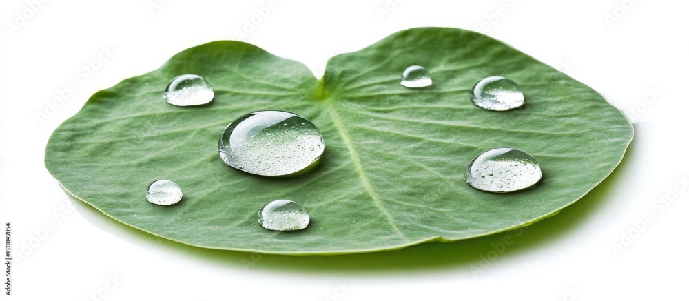 Poster lush green leaf with glistening water droplets positioned across the surface creating a vibrant scen