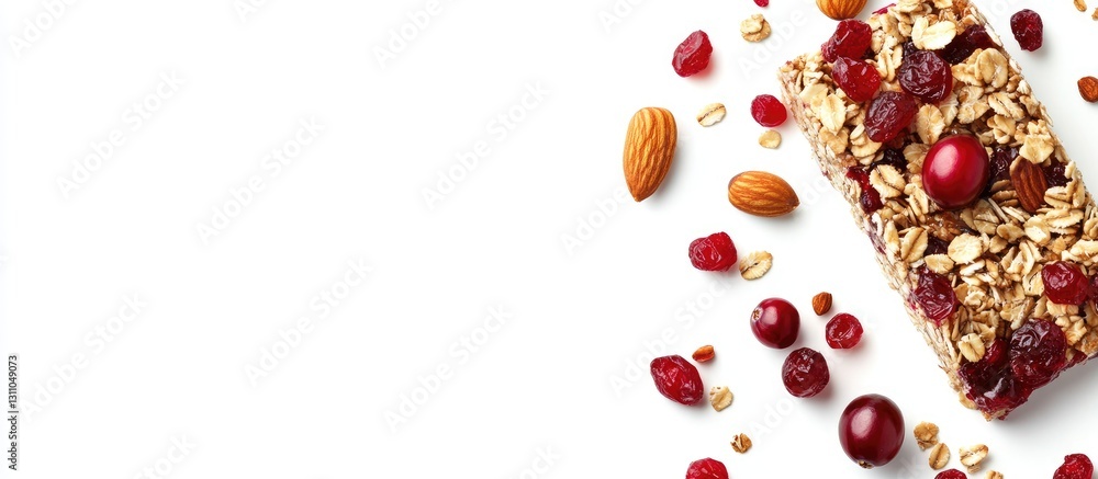 Poster granola energy bar with dried cranberries and nuts on a white background featuring a mix of red cran
