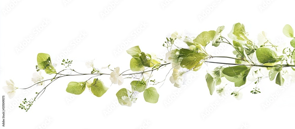 Aufkleber green leafy twig with delicate white flowers cascading from left to right on a bright white backgrou
