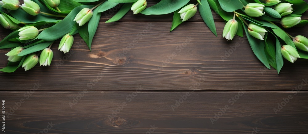 Fototapete green tulip leaves and buds artistically arranged on a dark wooden table creating a natural frame wi