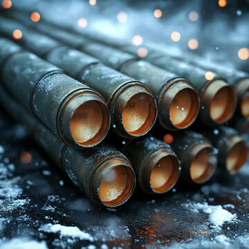 WWII vintage Katyusha rocket launcher nest, close-up shot, arranged in a cluster, cold winter night, oppressive atmosphere, dramatic cinematic lighting, gritty historical style, no