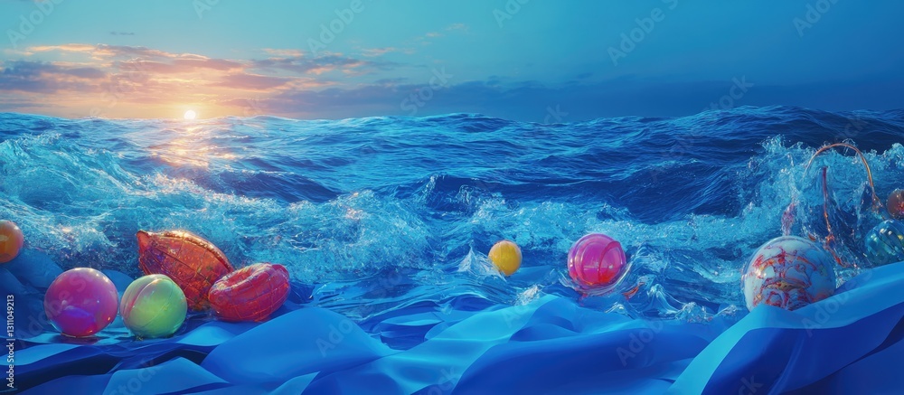 Aufkleber colorful spherical objects in vibrant hues are scattered on deep blue waves, illuminated by twilight