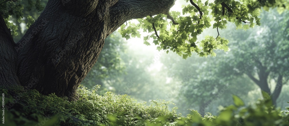 Fototapete lush green trees with gentle sunlight filtering through in a serene forest setting, with rich textur