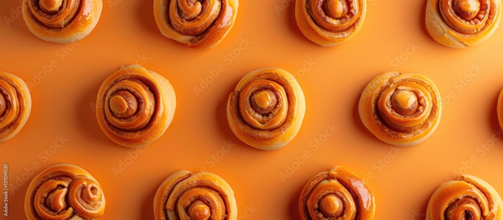 Poster freshly baked cinnamon buns arranged in a grid pattern on an orange background, featuring rich golde