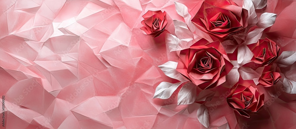 Poster closeup of vibrant red origami roses arranged elegantly on a soft pink crumpled background creating 