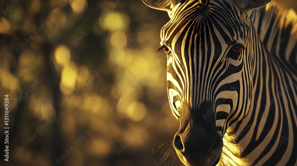 Poster close up of zebra face with intricate stripes in golden light