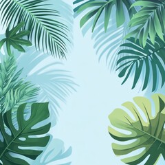 Tropical Leaves Frame on Light Sky Background