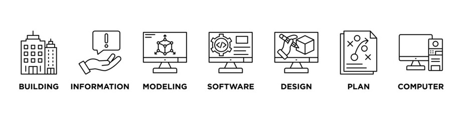 BIM banner web icon vector illustration concept for building information modeling with icon of building, information, modeling, software, design, plan, and computer