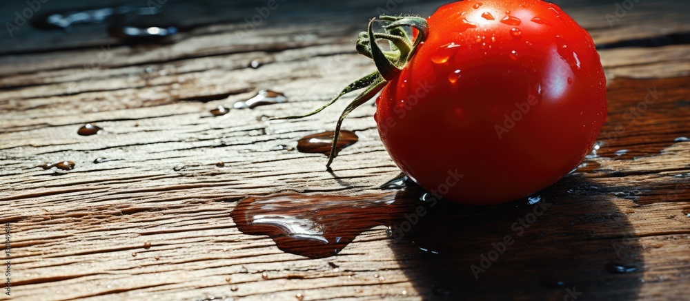 Poster fresh cherry tomato placed on a cracked weathered wooden surface with droplets of water, ideal for t