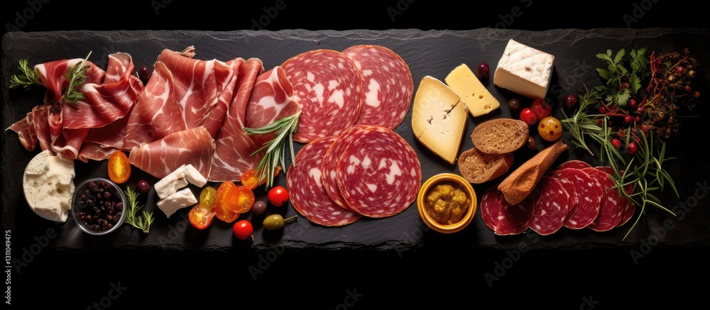 Poster delicious assortment of spanish snacks including meats cheeses and olives displayed on a black slate
