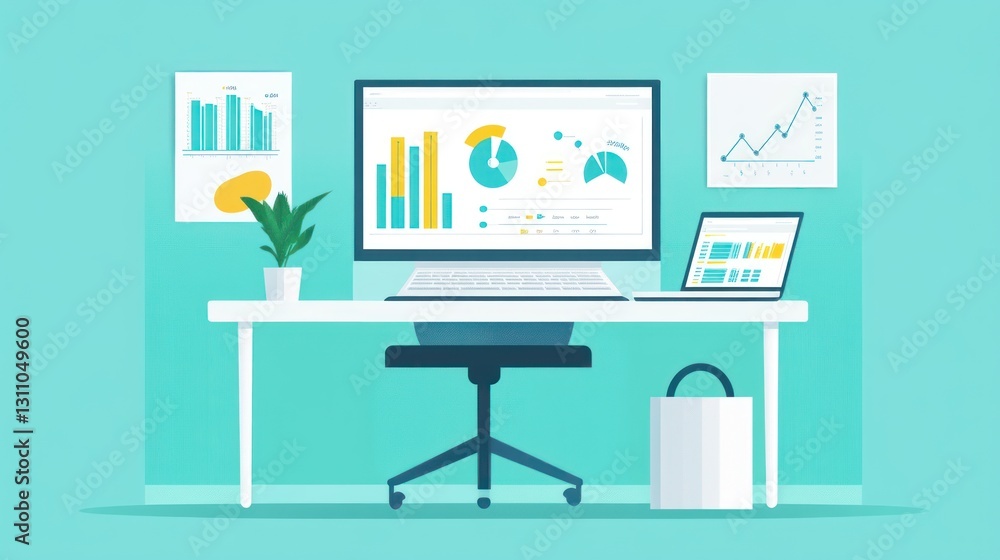 Poster modern workspace with computer and charts. flat design illustration. possible use stock photo for pr