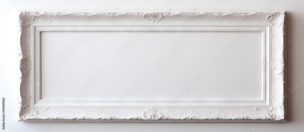 Poster empty rectangular white picture frame against a simple white wall providing ample copy space for tex
