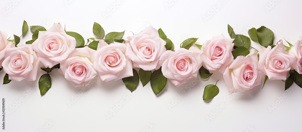 Poster delicate pink roses with soft petals arranged in a horizontal line on a light background, complement