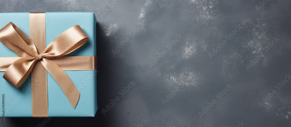 Poster colorful blue square gift box with a gold ribbon positioned in the top left corner on a textured gra