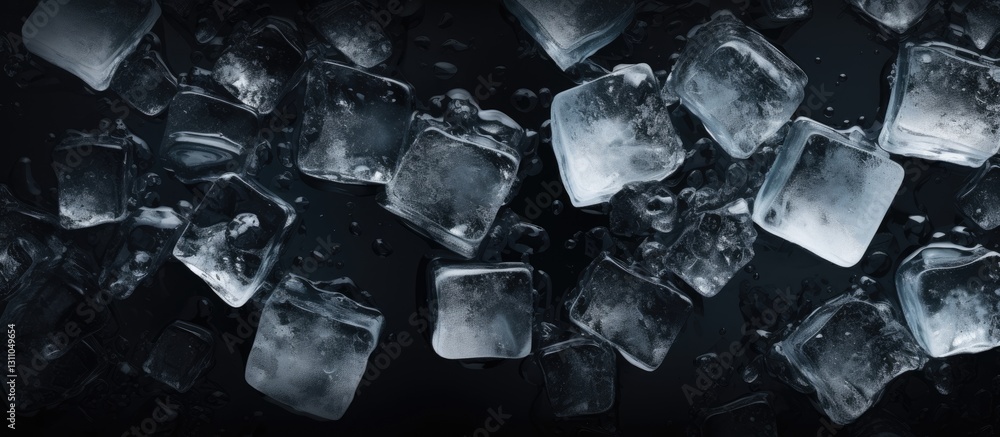 Aufkleber Aerial view of scattered translucent ice cubes on a dark background with smooth texture showcasing sharp edges and reflections for versatility