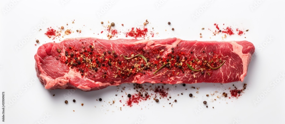 Poster raw beef steak garnished with spices on a white background showcasing red and black peppercorns main