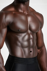 Fototapeta premium Close-up of an African male model's muscular leg, showcasing his strong muscles and well-defined legs in black boxers against a white background.