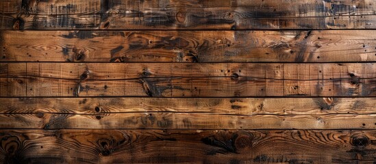 Rustic wooden texture background showcasing dark brown hues with a weathered finish, featuring horizontal planks aligned evenly across the image.