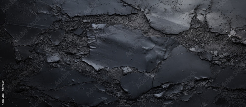 Poster Black peeling plaster surface texture with cracks and uneven patches against a dark backdrop creating a distressed, vintage appearance