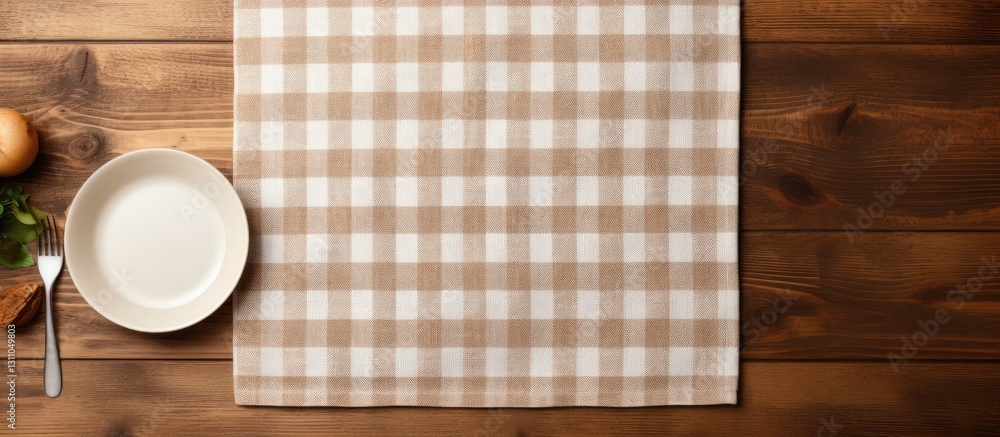 Aufkleber Rustic wooden table with a brown checkered tablecloth and empty plate fork positioned top left creating ample copy space for food-related designs