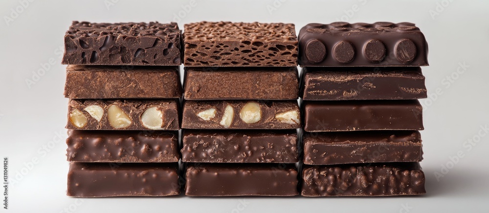 Poster Assorted Chocolate Bars Displayed in Rows showcasing Various Layers and Textures with Brown and Dark Chocolate Tones on a Light Background