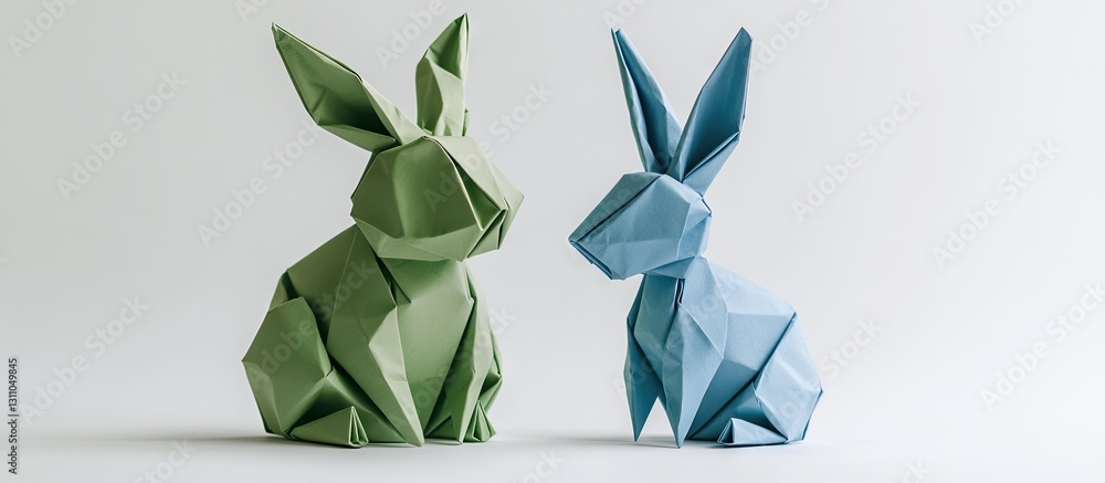 Aufkleber origami rabbits in green and blue tones positioned side by side on a light background, showcasing in