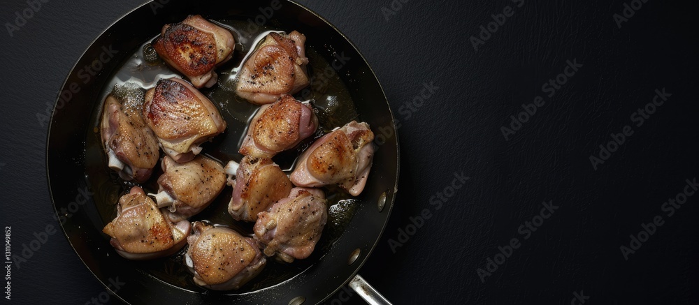 Poster Top down view of cooked chicken thigh fillets in a black pan on a dark backdrop with ample space for text positioned to the left and right