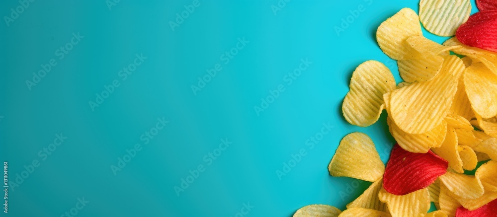 Poster colorful arrangement of yellow and red potato chips on bright turquoise background with ample copy s