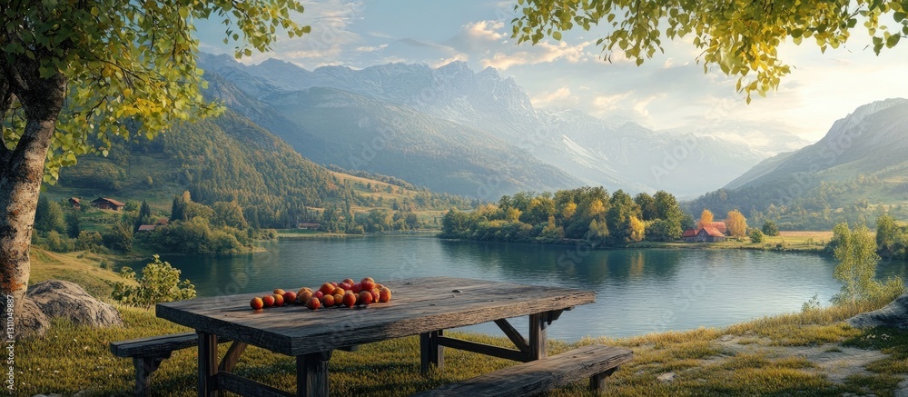 Poster serene lake view with a wooden picnic table in the foreground holding red apples surrounded by lush 