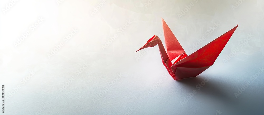 Leinwandbilder Red origami crane positioned on the right side of a soft gradient background with subtle shadows providing a serene and elegant ambiance.