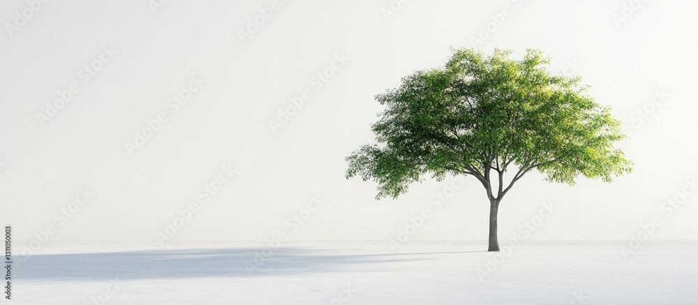 Poster lush green tree positioned left on a stark white background casting soft shadows highlighting its fo